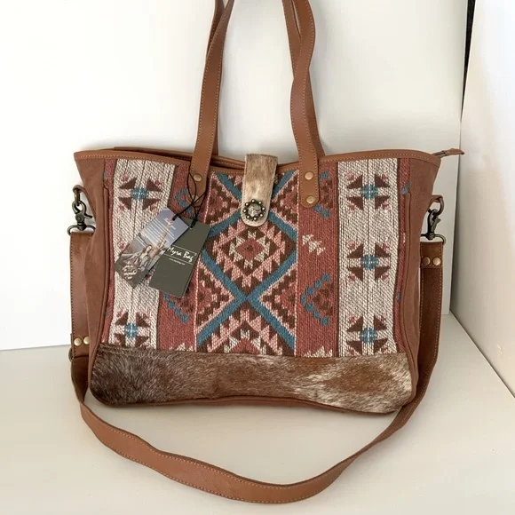 Myra Bag Tori Tote Aztec Native Weave Hair Hide Brown Canvas Tote NWT - Picture 8 of 16